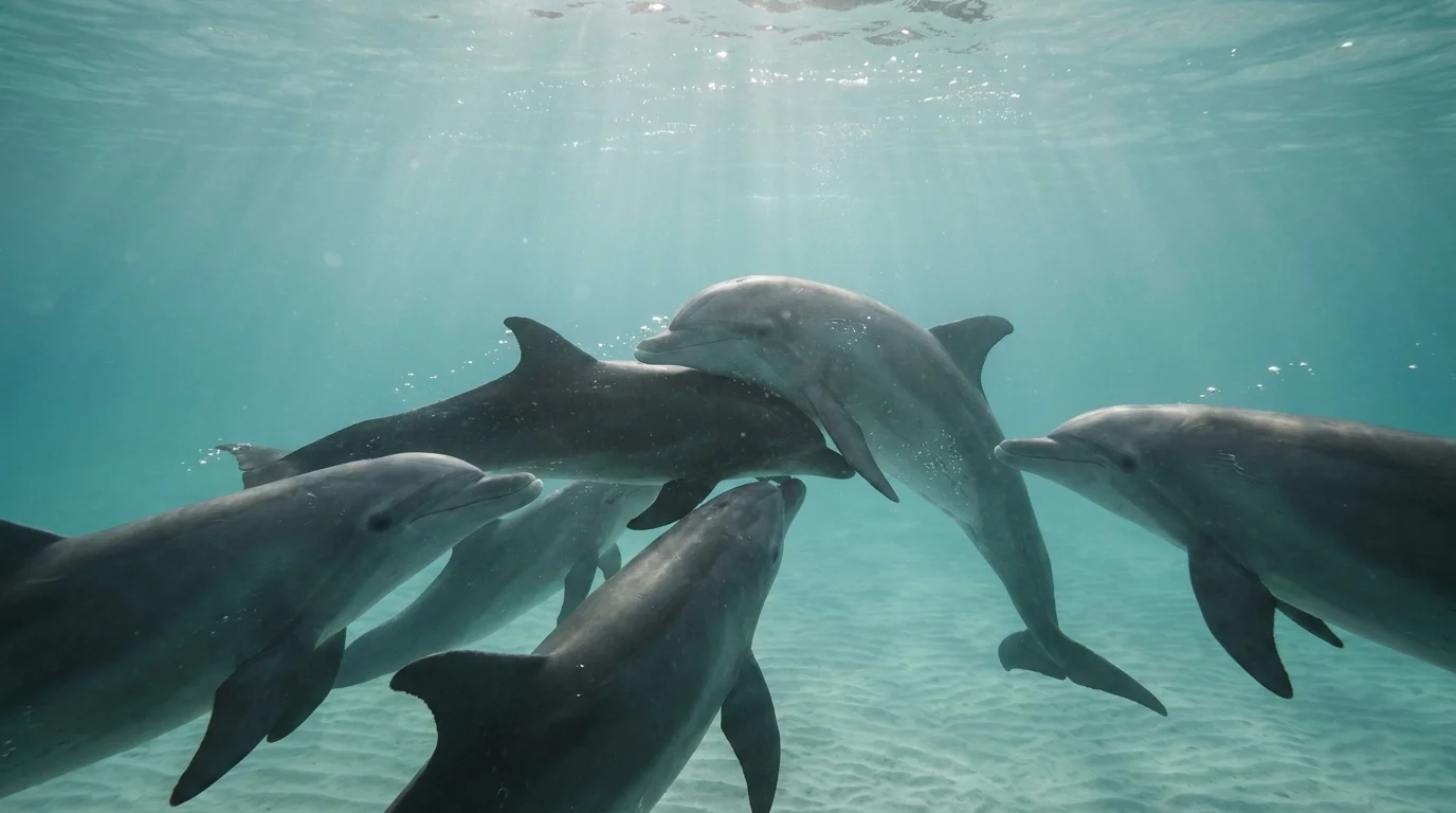 An underwater photo showing a dolphin supporting a deceased companion on its back near the ocean surface.