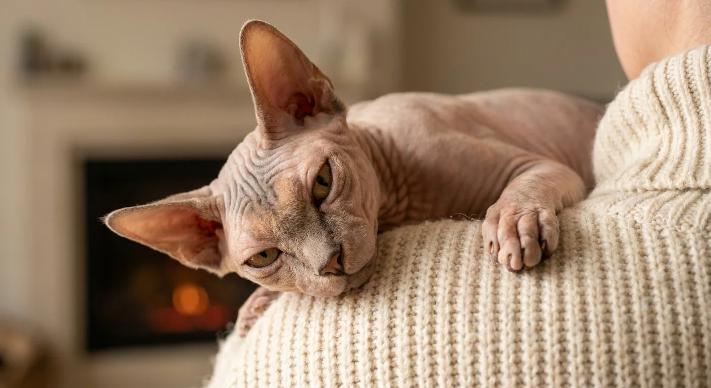 Close-up of a hairless Sphynx cat with wrinkled skin resting on a person's shoulder in a warm sweater.
