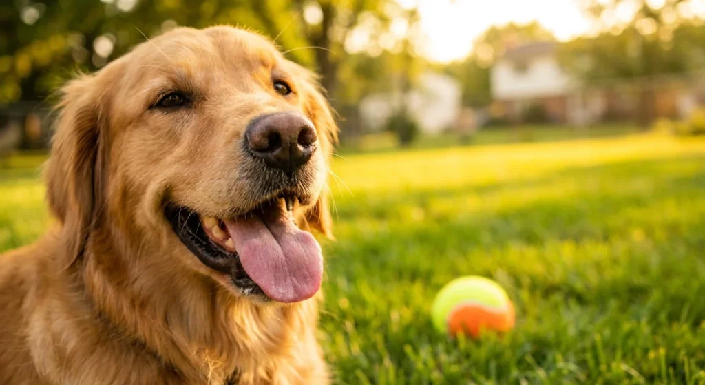 Close-up of a happy golden retriever 'smiling' in a sunny backyard, capturing a moment of pure animal joy.