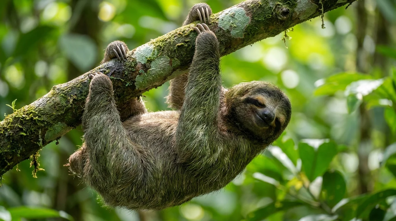 Close-up of a sloth's claws and fur as it hangs upside down from a mossy branch in the jungle.