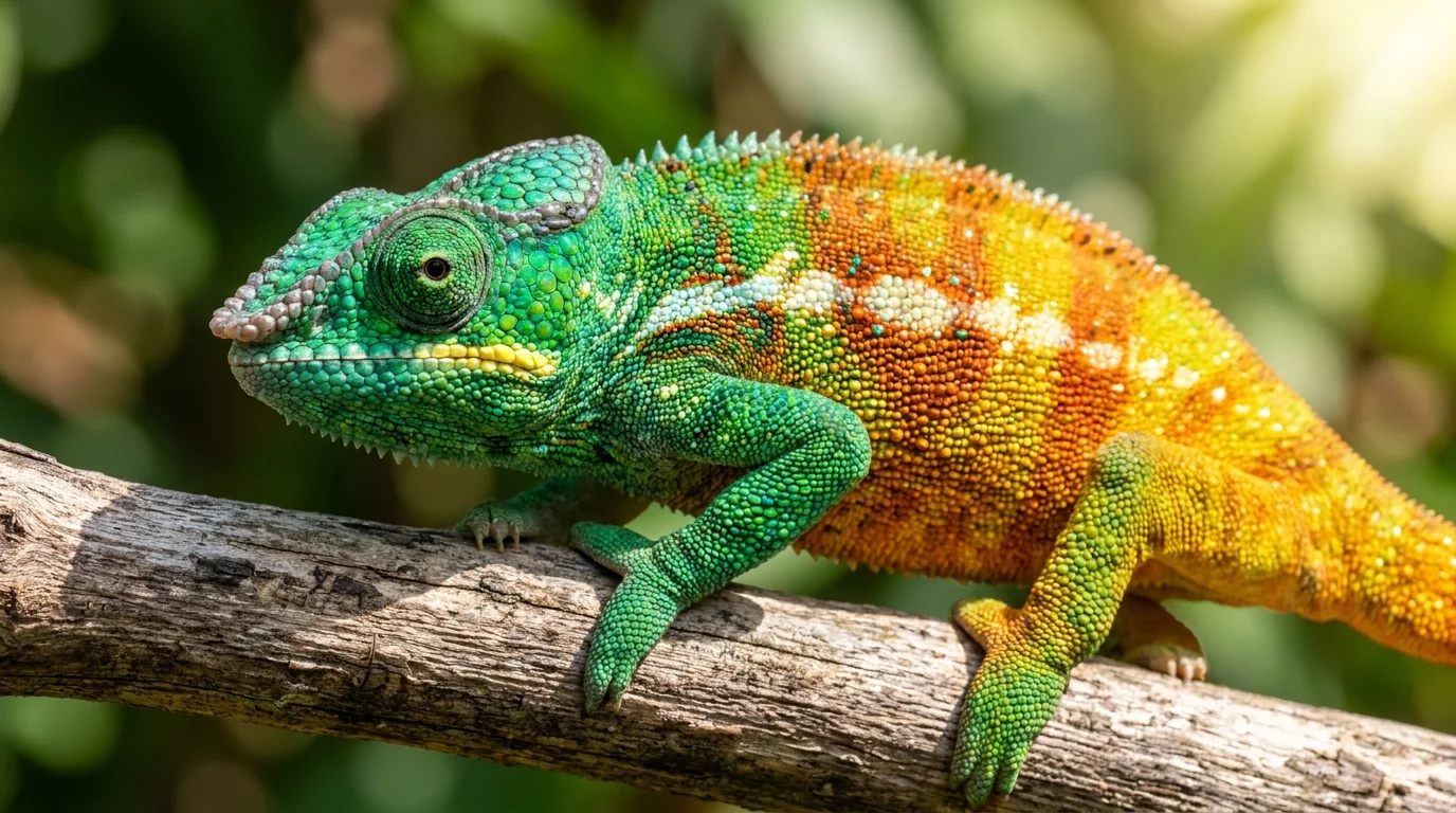 Close-up photo of a Panther Chameleon changing color from green to orange on a tree branch.