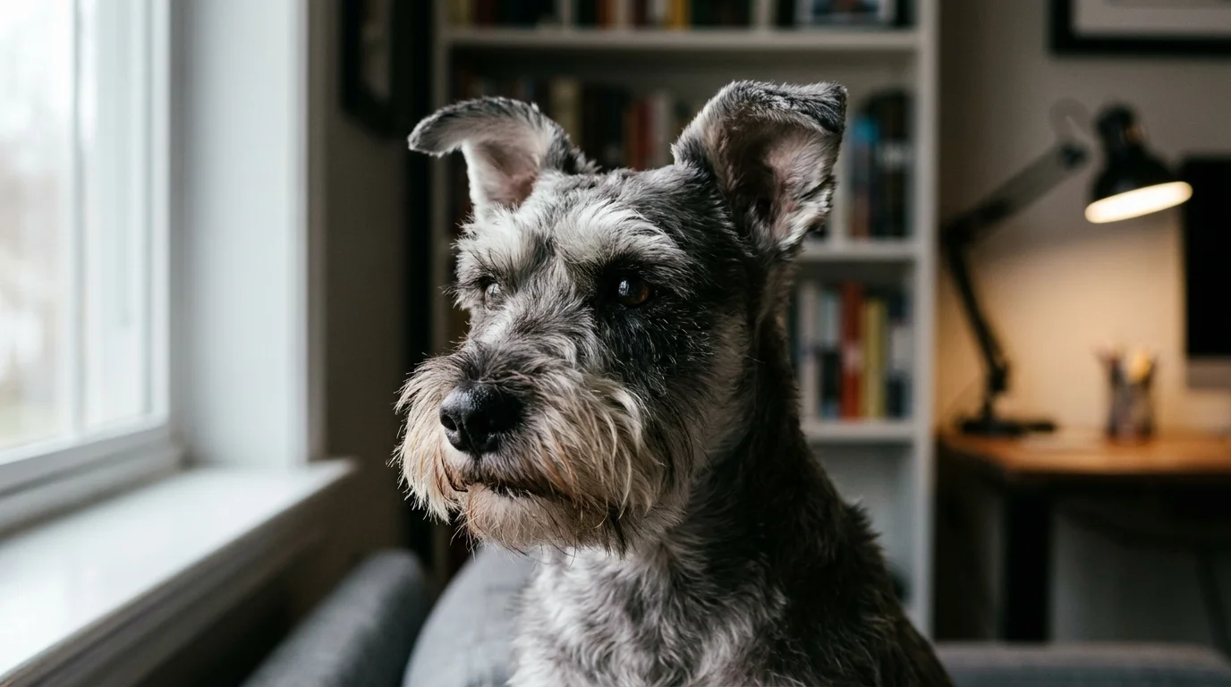 Close-up portrait of a Miniature Schnauzer with its famous mustache, looking out a window.