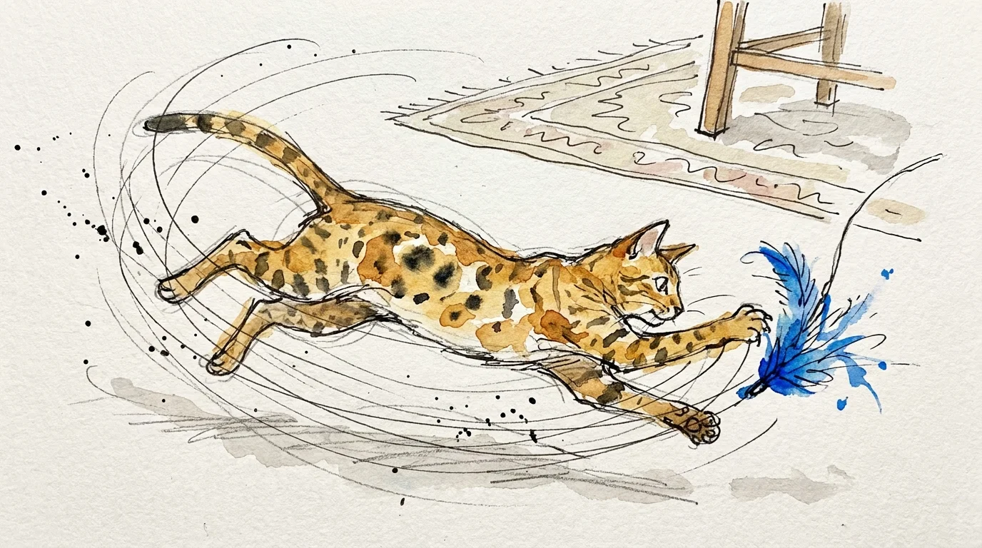 Energetic watercolor sketch of a spotted Ocicat pouncing and playing with high-motion ink lines.