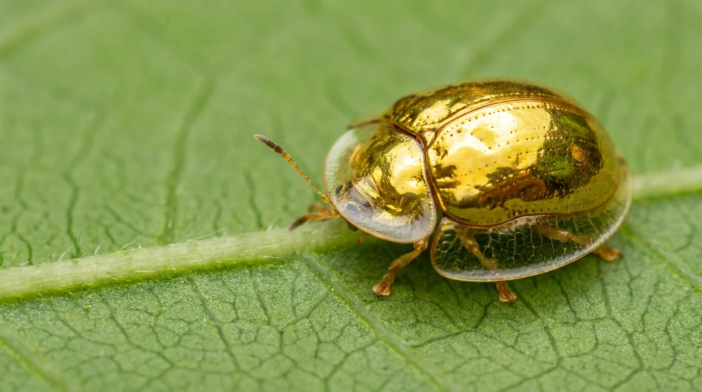 Extreme macro photo of a metallic gold tortoise beetle on a bright green leaf.