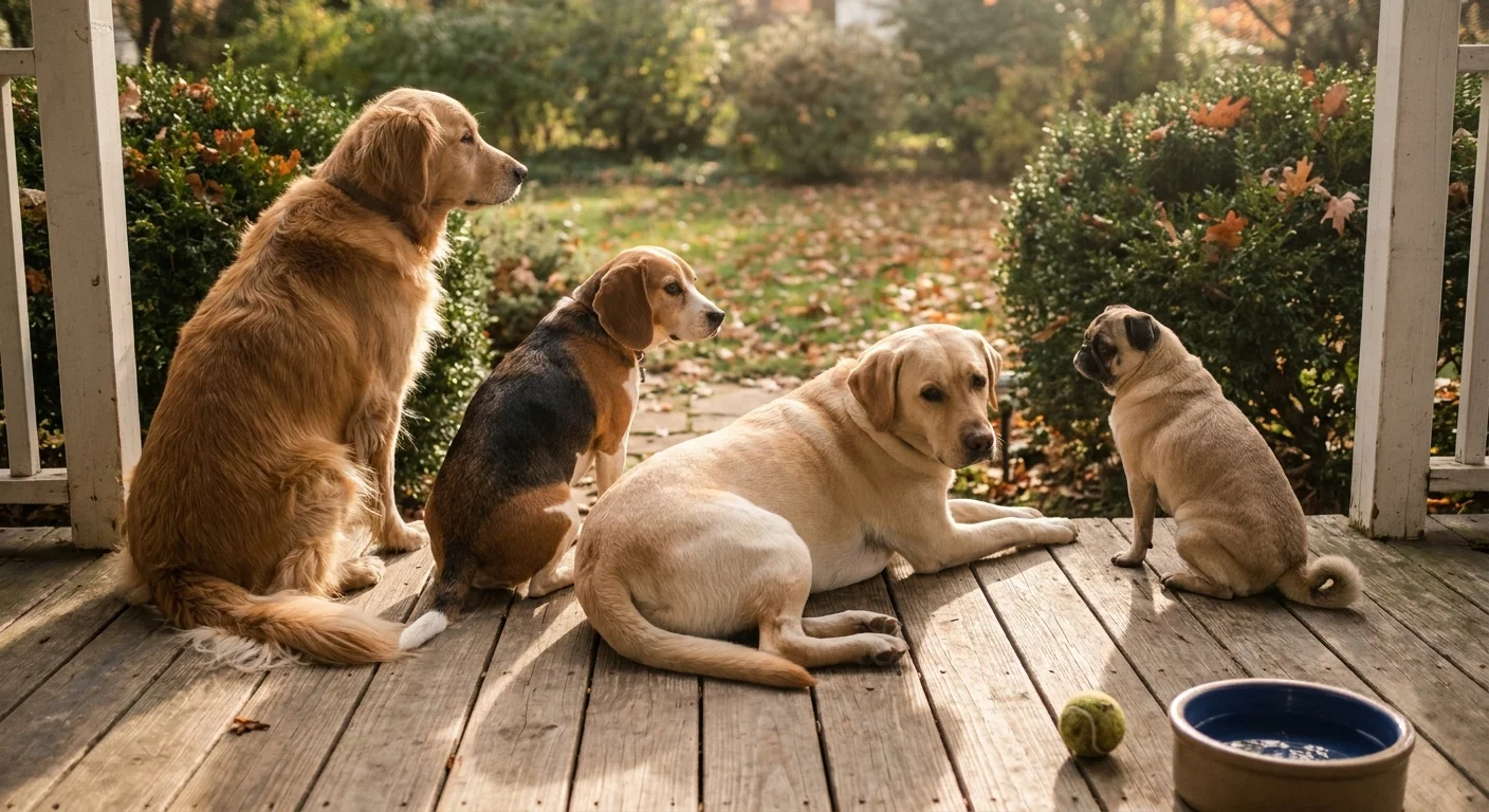 Four different dog breeds, including a Lab and a Pug, sitting peacefully together on a sunny wooden porch during golden hour.