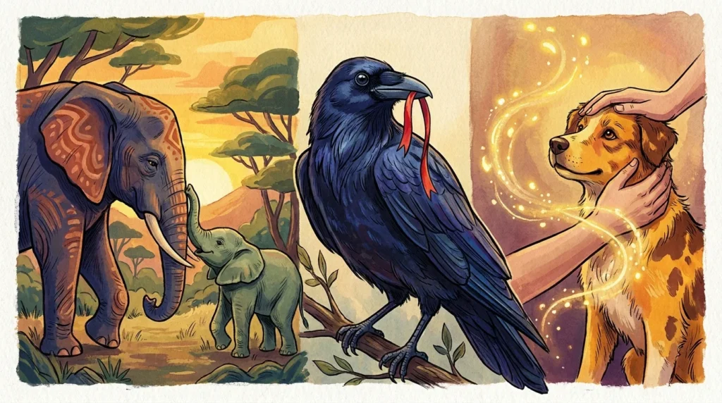 Gouache illustration of an elephant, a crow, and a dog's hand-to-paw connection, representing the emotional depth of the animal kingdom.