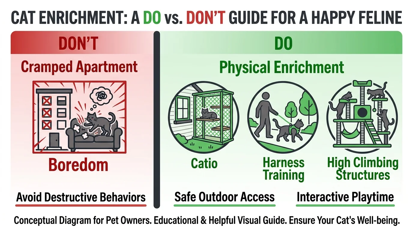 Infographic comparing indoor boredom mistakes with solutions like catios and harness training.