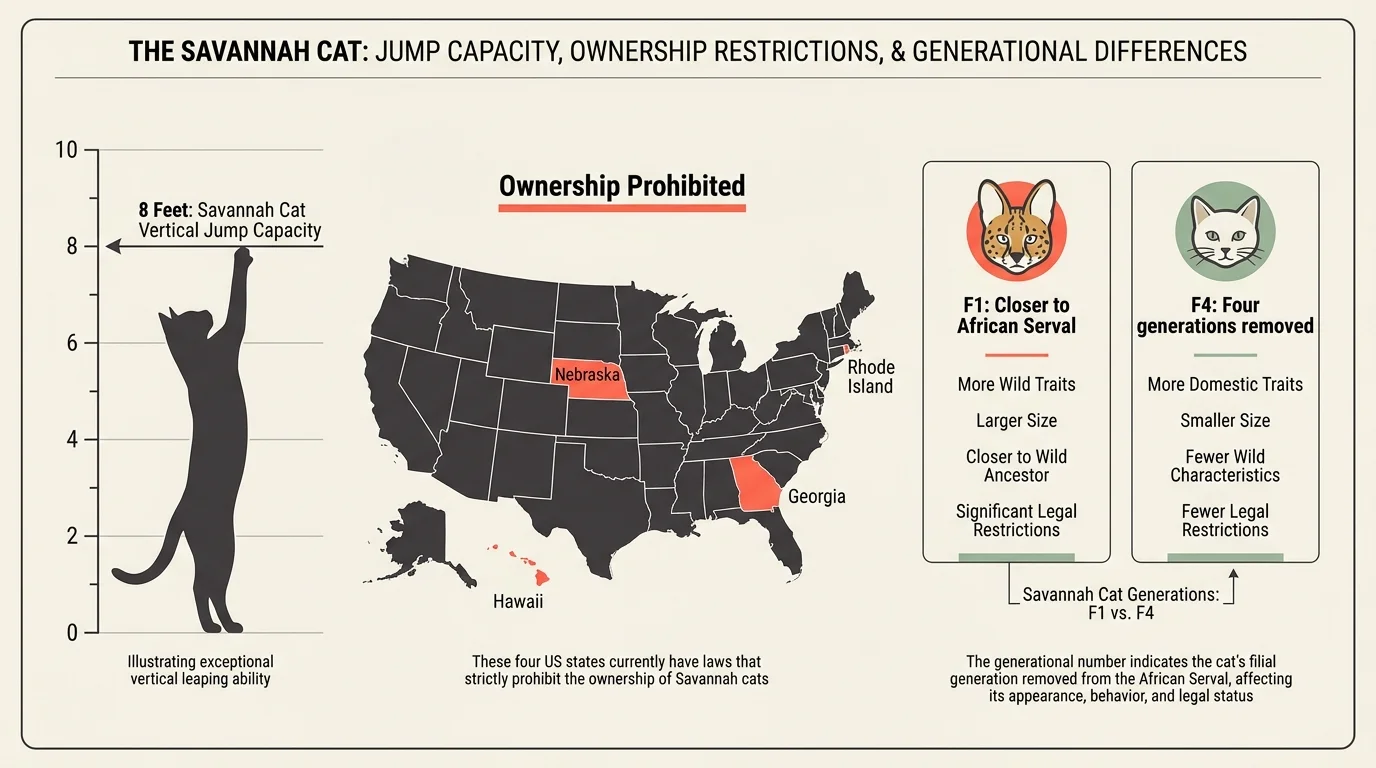 Infographic showing a Savannah cat's 8-foot jump height and a map of US states where the breed is restricted.