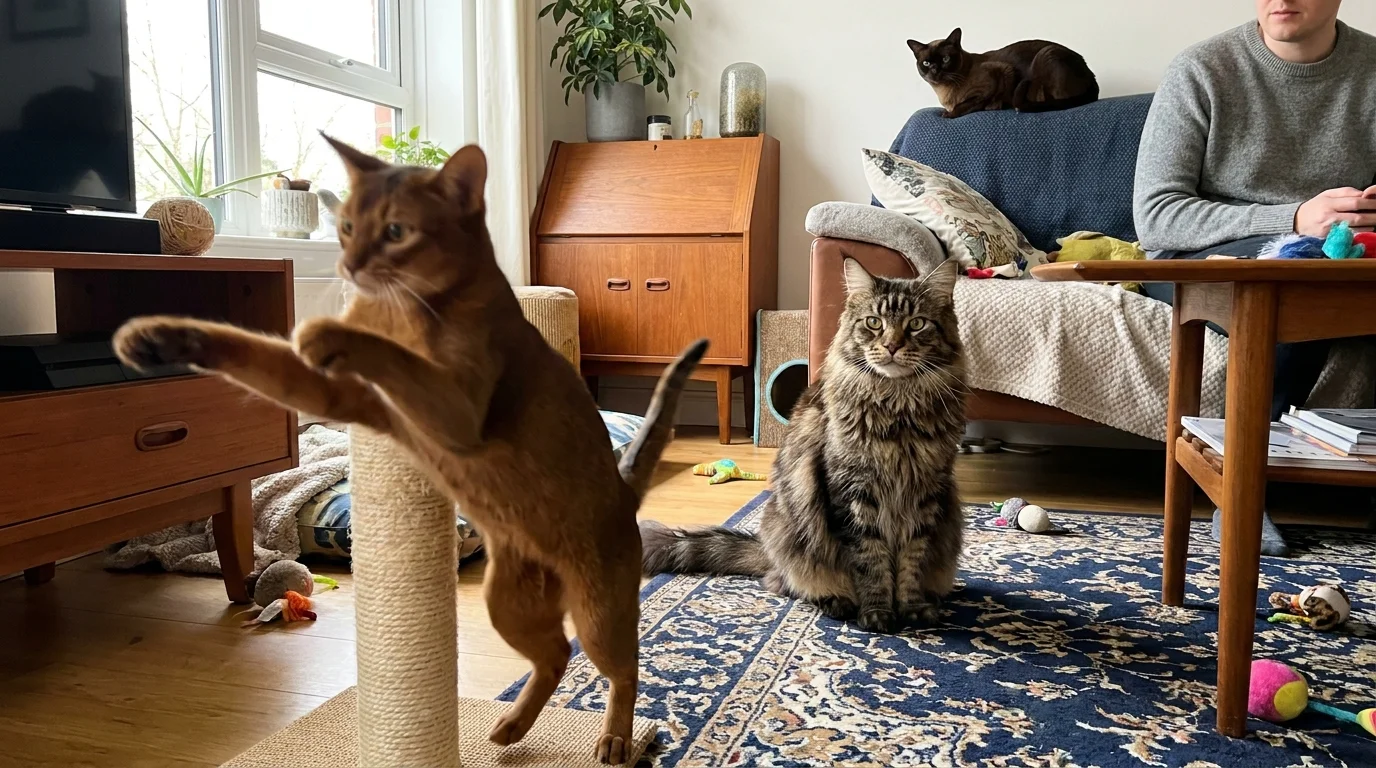 Several different cat breeds interacting in a modern living room, showing a lively and social household environment.