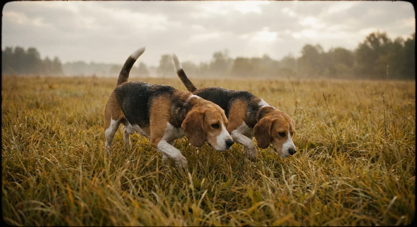 Two Beagles side-by-side sniffing the ground in a meadow, captured with a nostalgic film aesthetic.