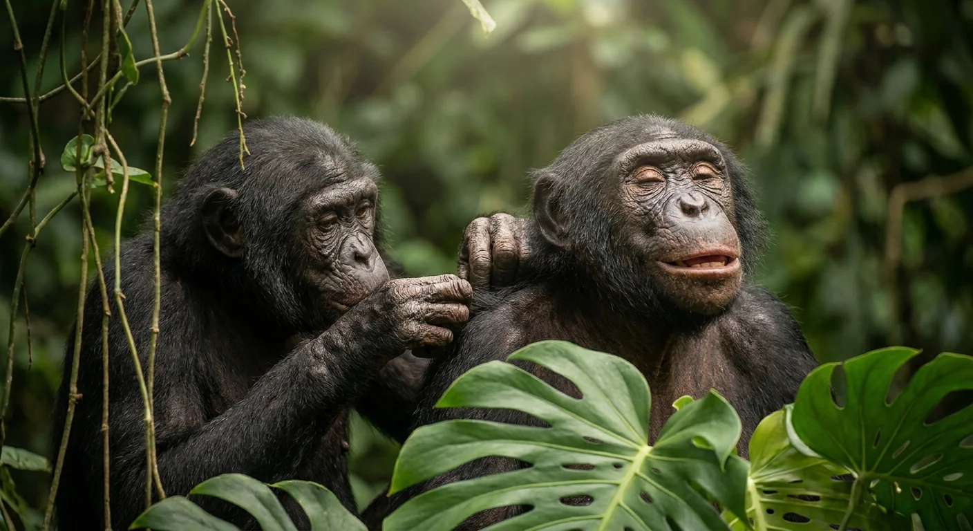 Two bonobos sharing a quiet moment of social joy, with one showing a relaxed, laughing expression during grooming.