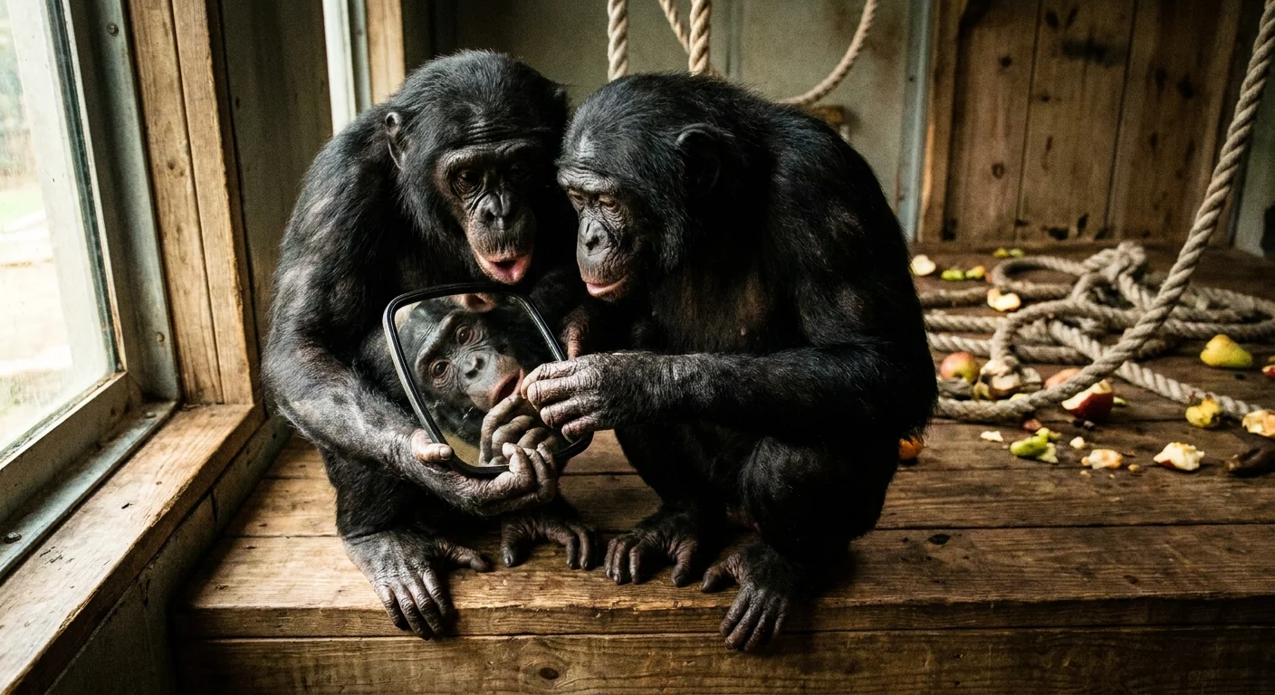 Two bonobos sharing a small mirror, looking at their reflections with curiosity.