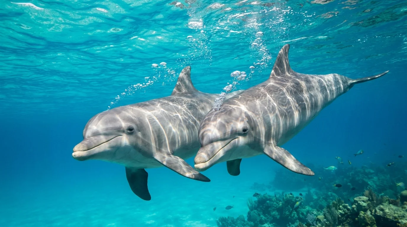 Two dolphins swimming underwater with trails of bubbles, representing their vocal 'burst-pulse' sounds of joy.