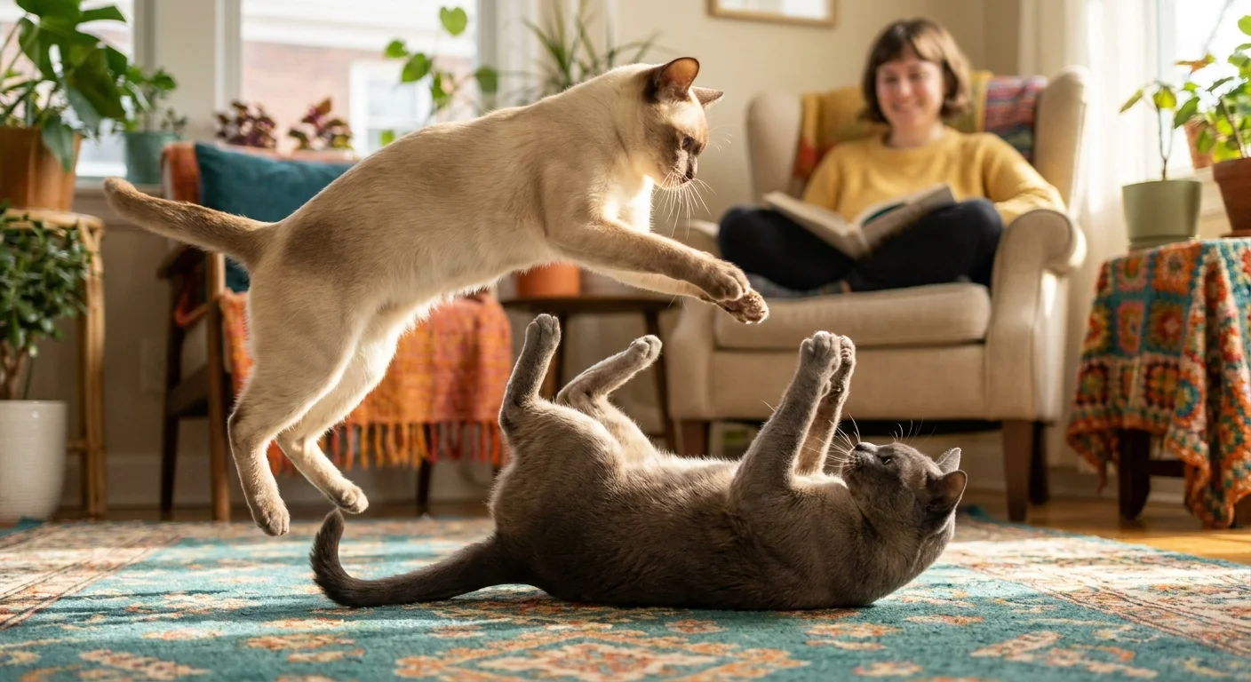 Two Tonkinese cats playing together on a rug while a person watches in the background.