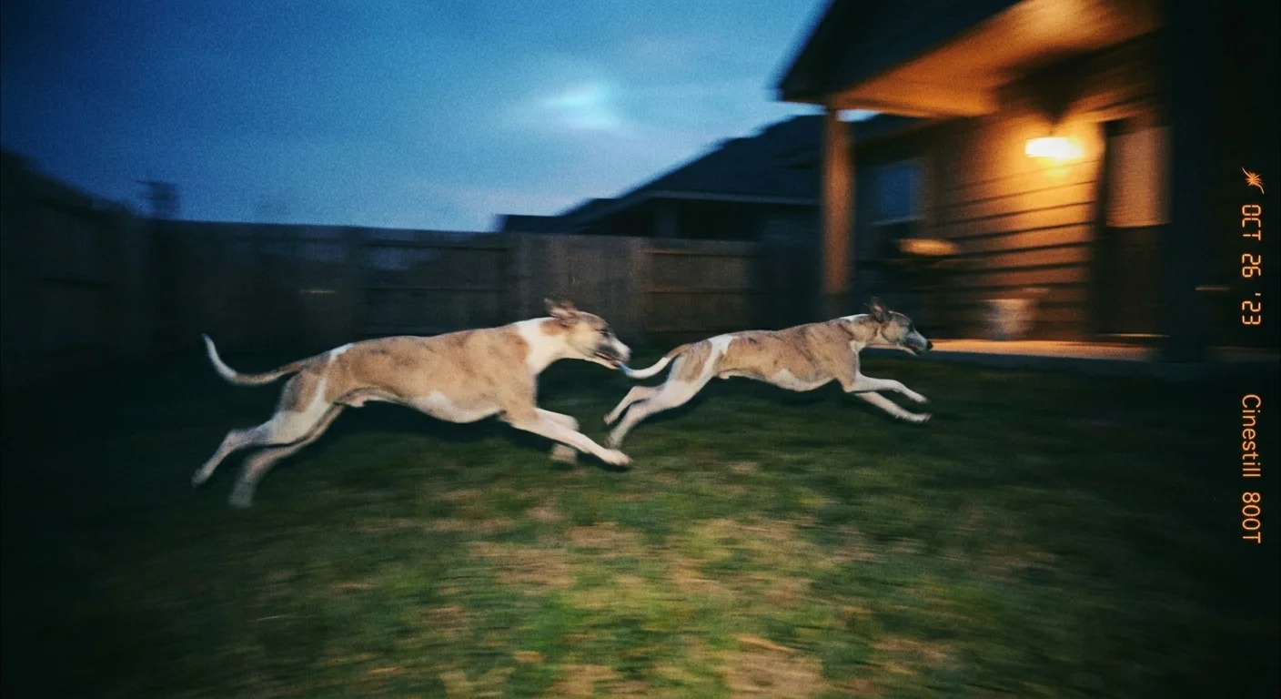 Two Whippets running at high speed in a backyard at dusk, their lean bodies captured with a sense of motion.
