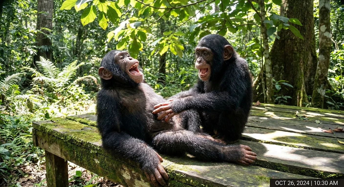 Two young chimpanzees playing and 'laughing' through rhythmic panting during a tickle session.
