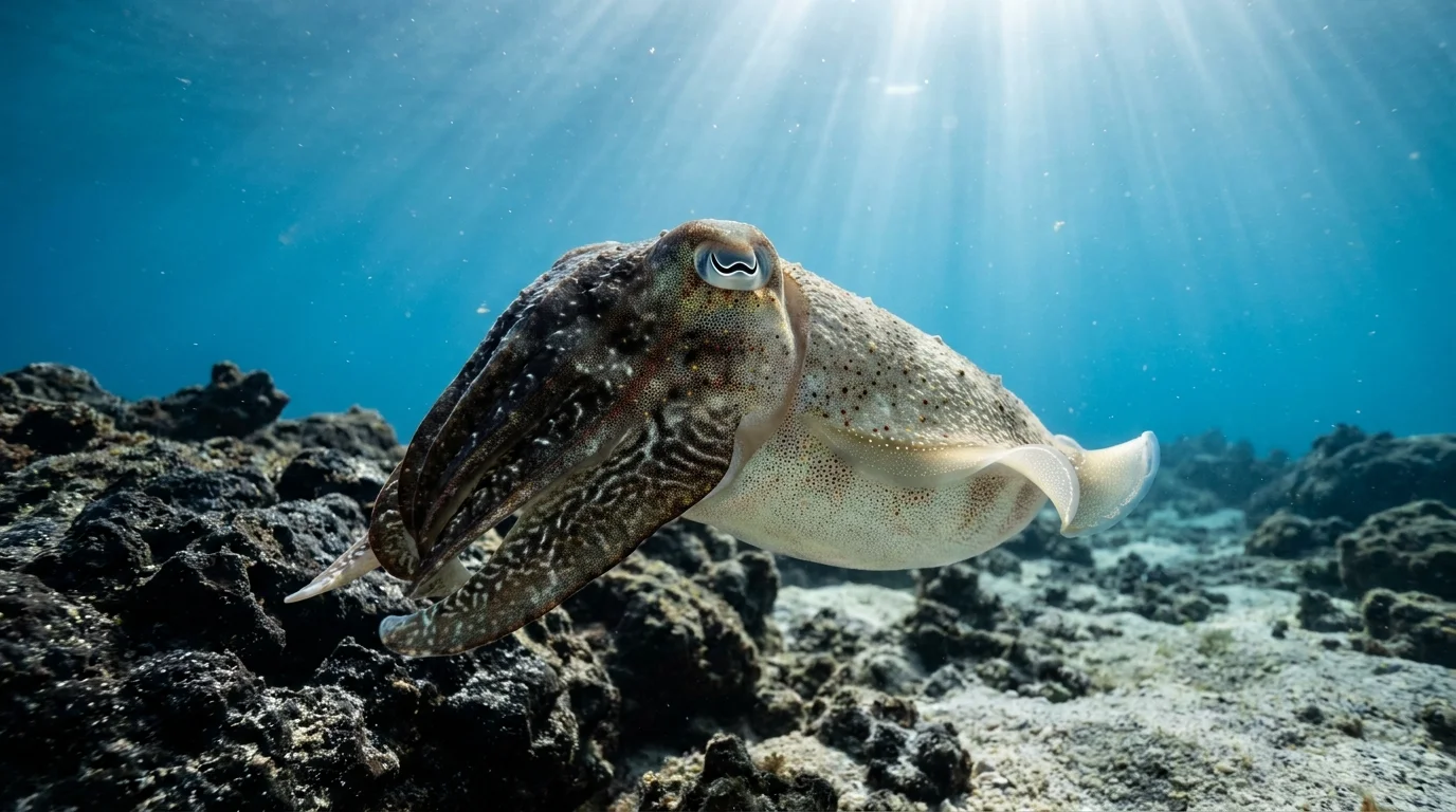 Underwater photo of a cuttlefish perfectly camouflaged against a background of sand and rock.