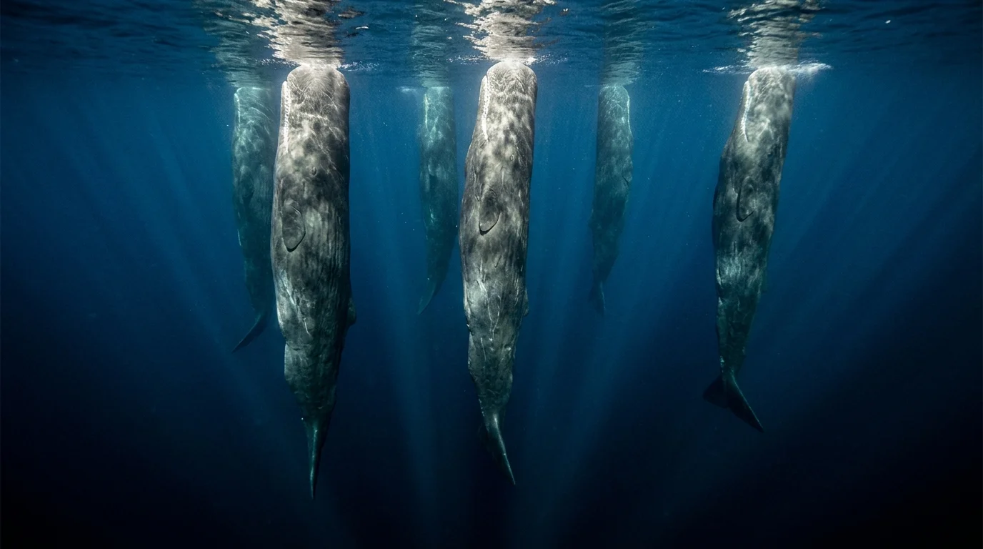 Underwater photo of sperm whales sleeping vertically, appearing like giant dark pillars in the deep blue ocean.