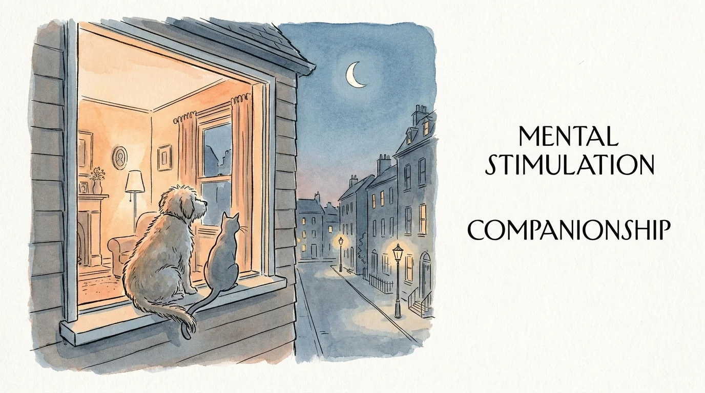 Watercolor illustration of a dog and cat looking out a window together with text about companionship.
