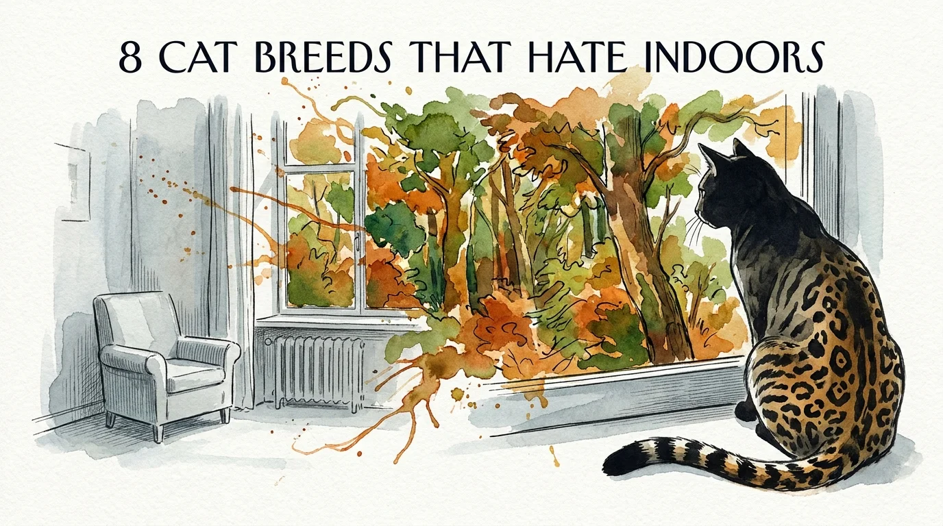 Watercolor illustration of a spotted cat looking through a window at a vibrant forest, symbolizing the longing for the outdoors.