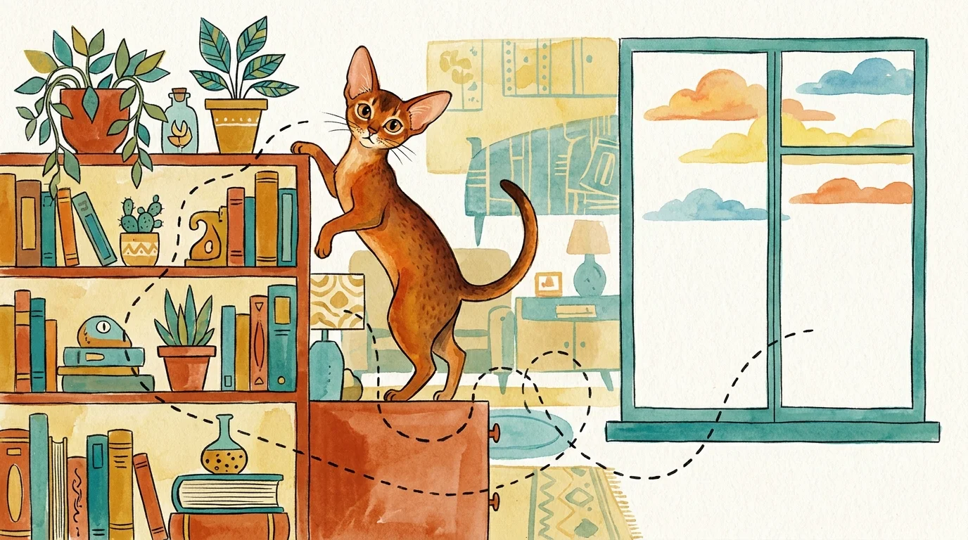 Watercolor illustration of an inquisitive Abyssinian cat exploring the top of a crowded bookshelf.