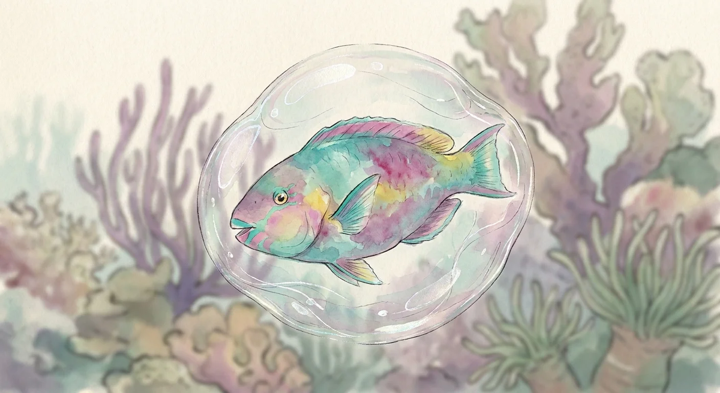 Watercolor painting of a colorful parrotfish inside a translucent, protective bubble of mucus on a reef.