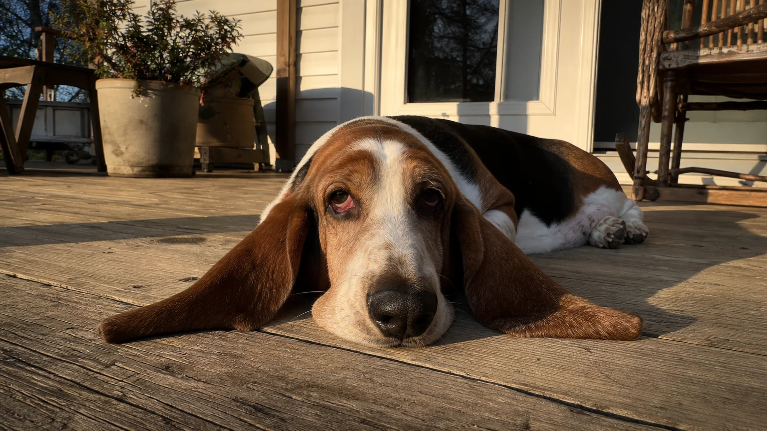 A Basset Hound lies flat on a wooden porch with its long ears spreading out.