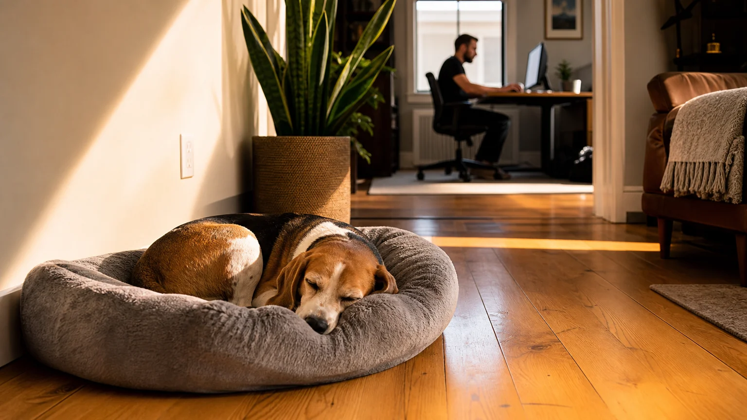 A beagle sleeps peacefully on its own dog bed in a sun-drenched living room while its owner works in the background.