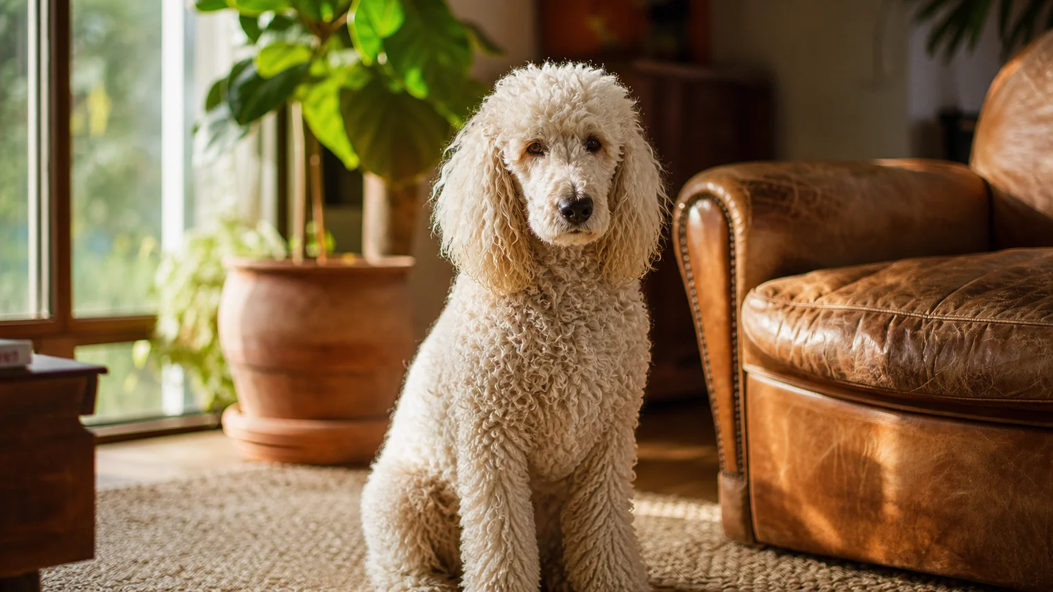 A beautiful cream-colored Standard Poodle sitting on a rug in a sunlit, cozy living room.