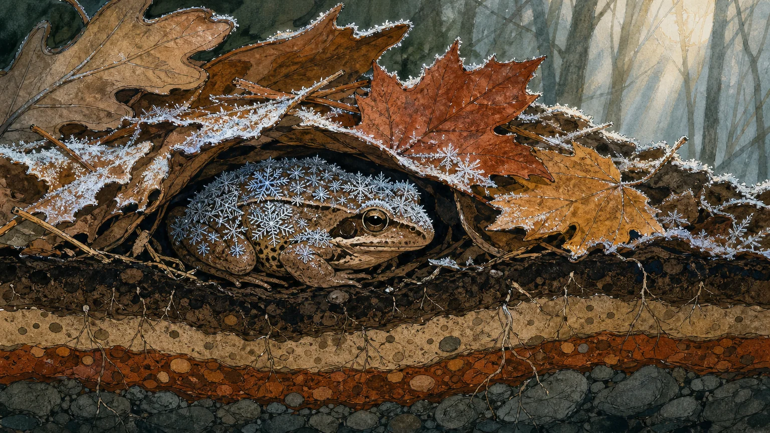 A beautiful gouache illustration of a wood frog decorated with geometric ice crystals, sleeping under colorful autumn leaves.