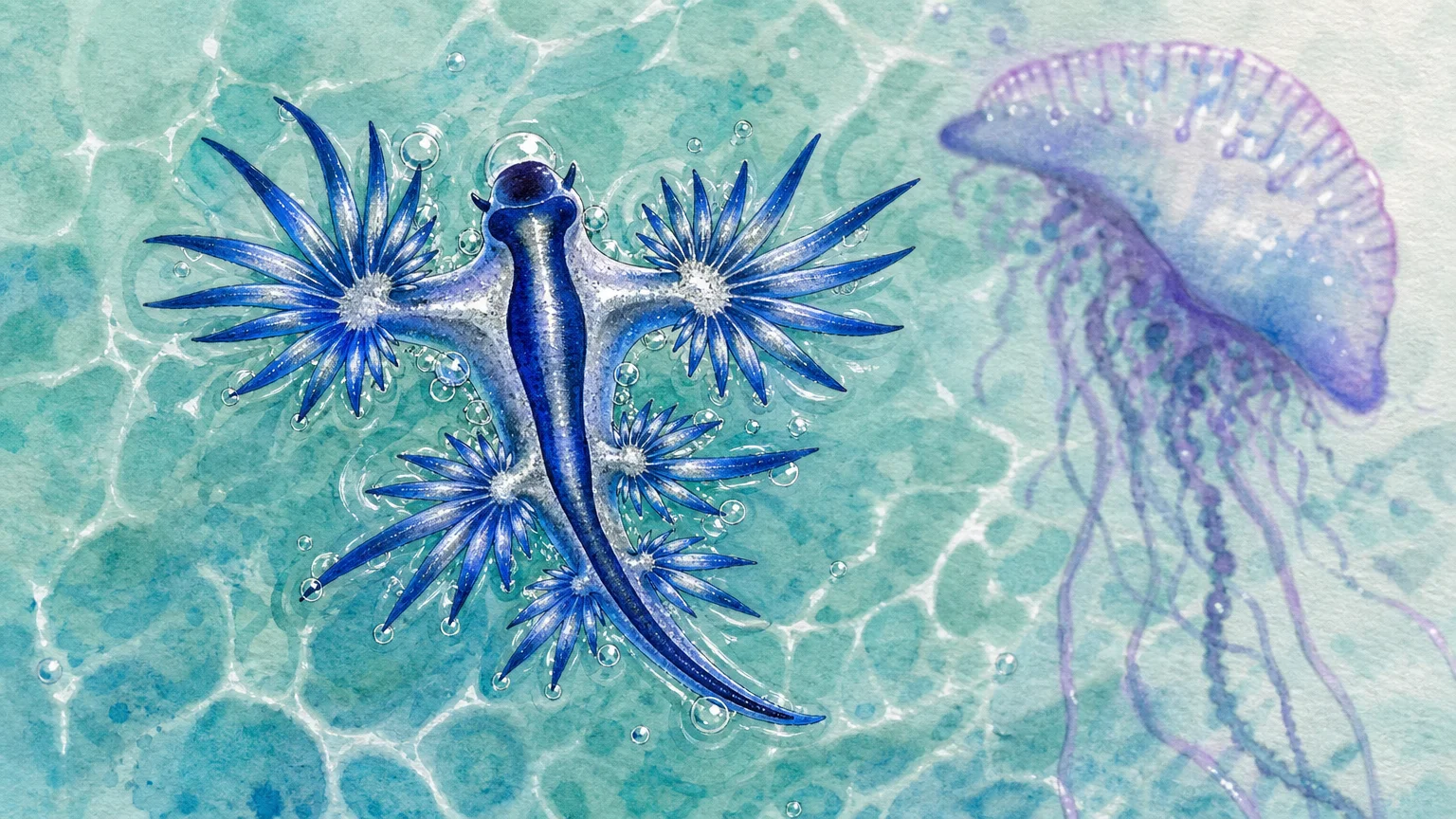 A beautiful gouache illustration of an electric blue and silver blue dragon sea slug floating upside down on a turquoise water surface.
