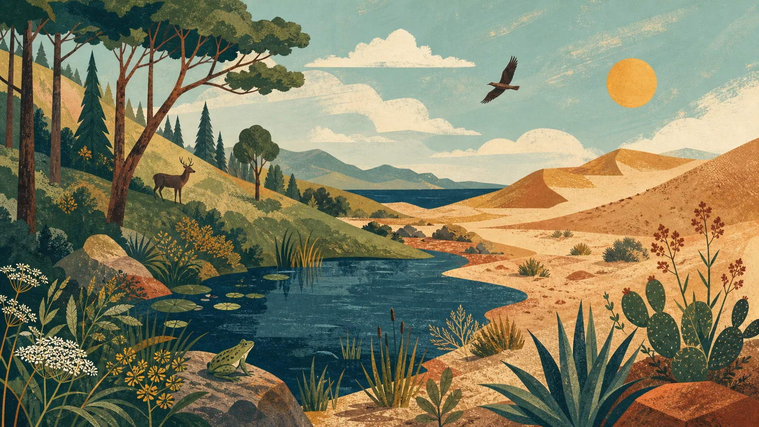 A beautiful, stylized gouache landscape showcasing a forest, a pond, and dunes harmoniously integrated.