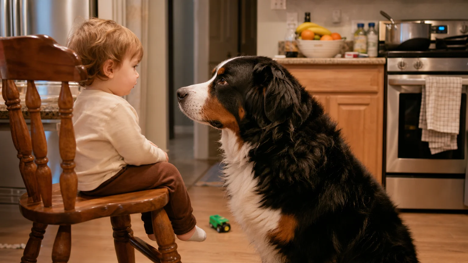 A Bernese Mountain Dog sitting calmly next to a toddler in a real kitchen setting, showing its placid nature.