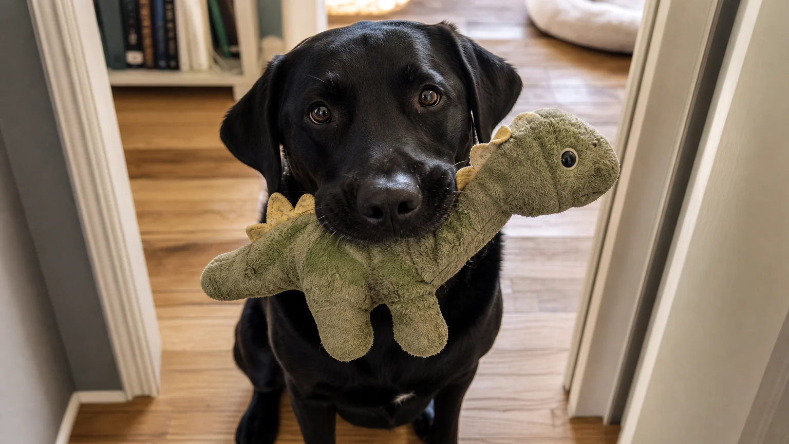 A black Labrador retriever sits on a hardwood floor, gently holding a worn green plush toy in its mouth and looking up expectantly.