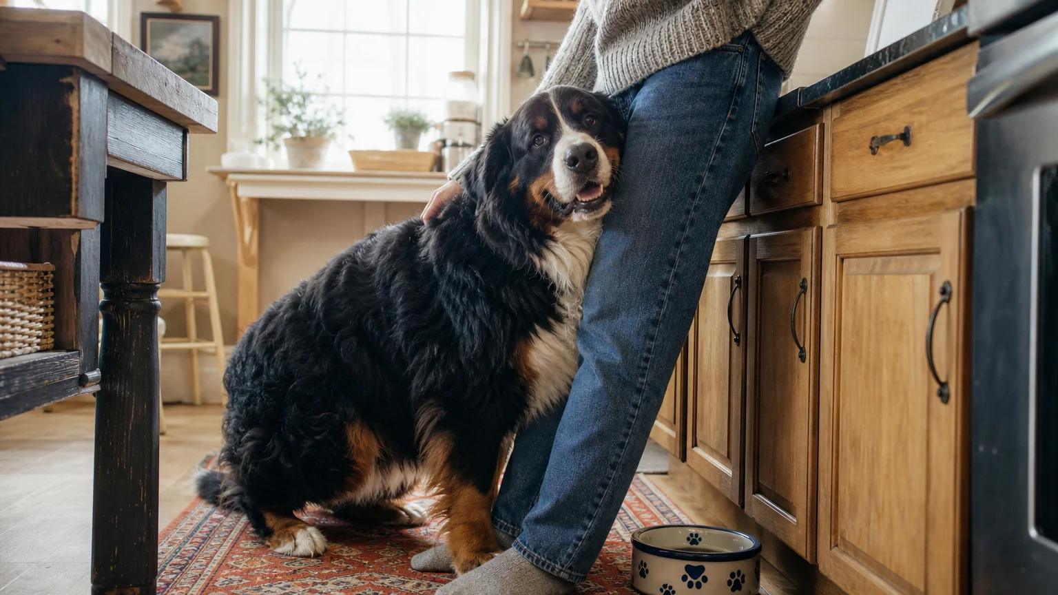 A candid kitchen photo of a large Bernese Mountain Dog leaning its body weight against its owner's legs.