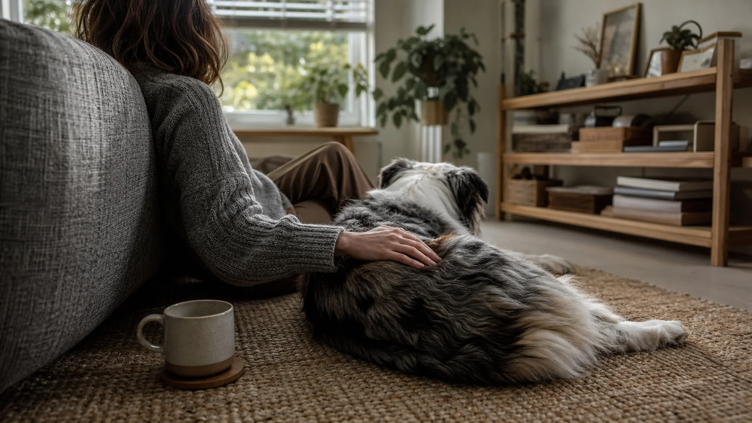 A candid, natural photo of a person sitting on the living room floor gently petting an Australian Shepherd.