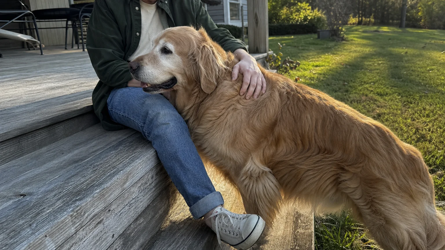 A candid outdoor photo of a golden retriever leaning its body weight against its owner sitting on a porch step.