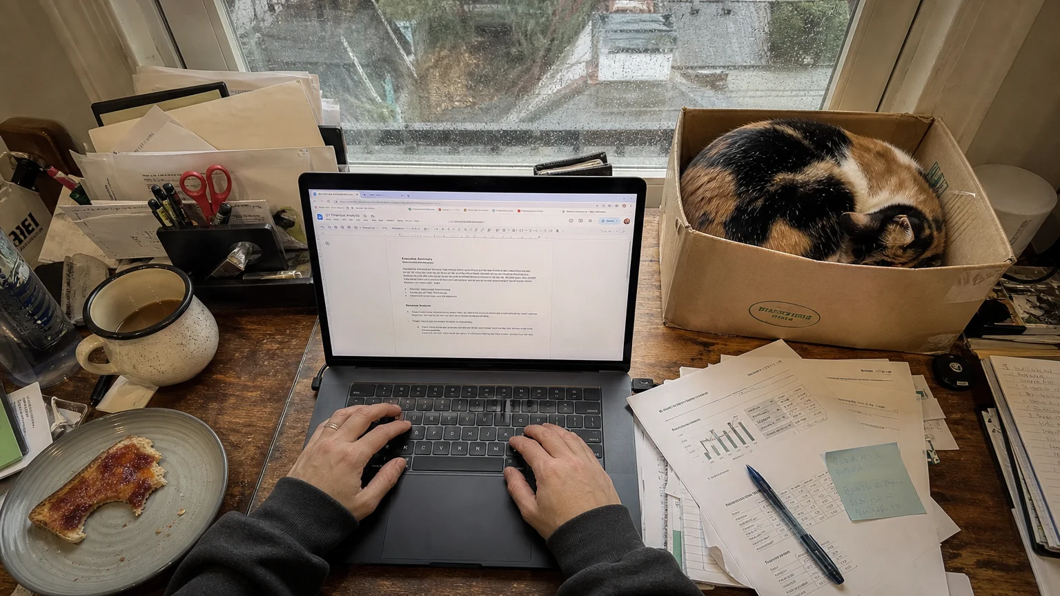 A candid overhead shot of a person working at a desk while their cat sleeps peacefully in a cardboard box nearby.