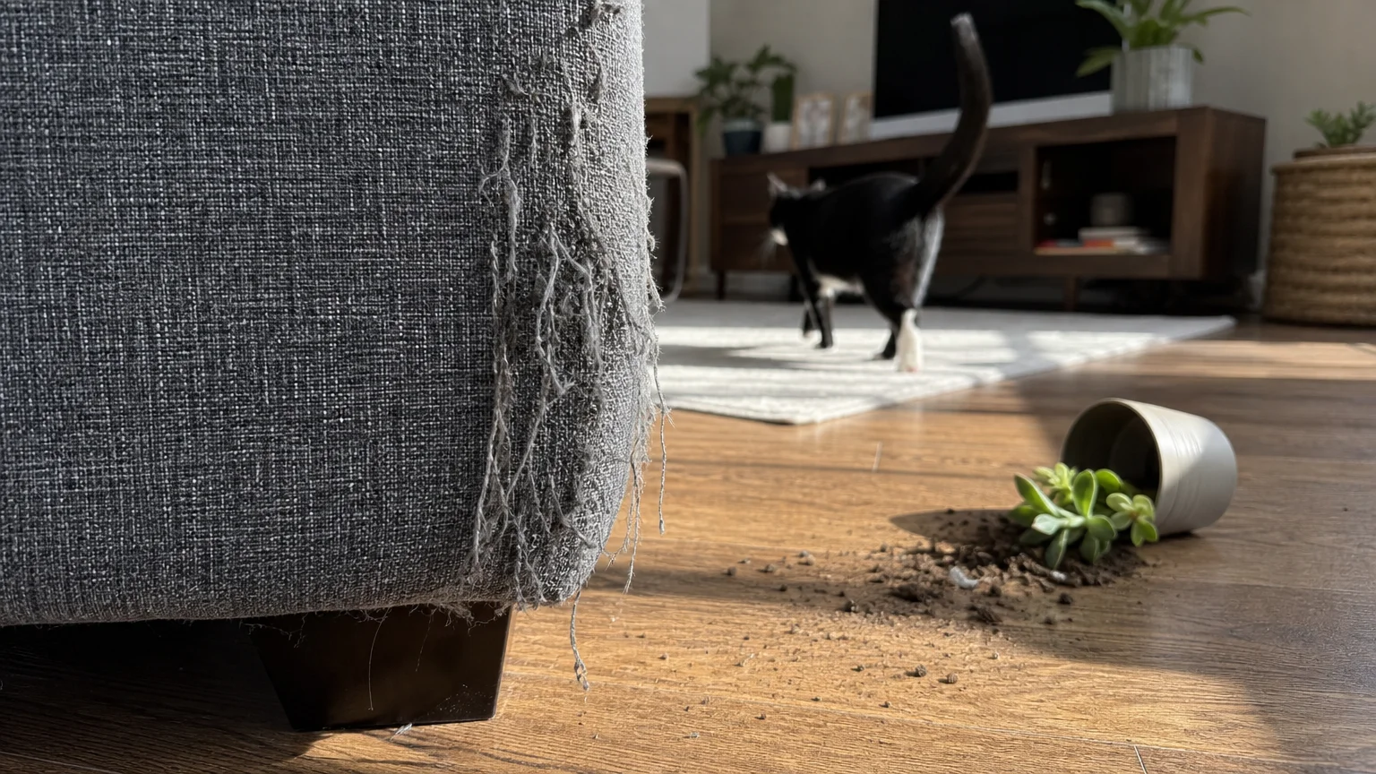 A candid shot showing a scratched sofa corner and a knocked-over plant, with a cat walking away in the background.