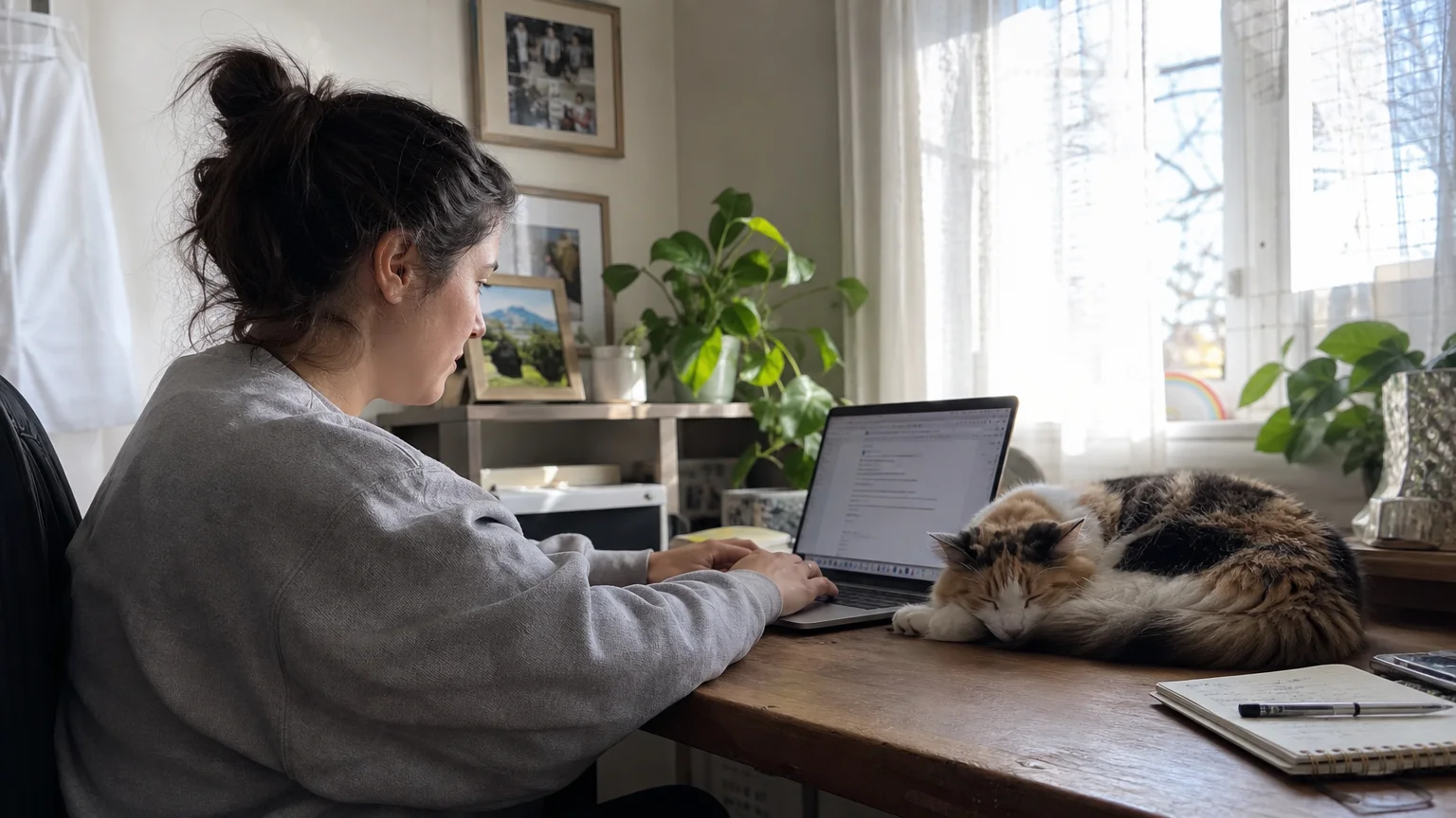A cat sleeping on a desk next to a laptop as its owner works from home.