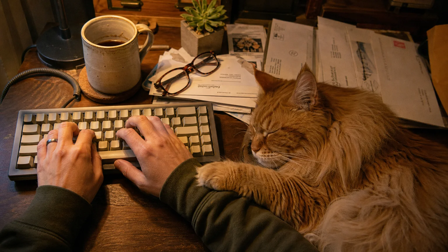 A cat sleeps on an owner's arm while they work at a desk, showing a desire for physical proximity.