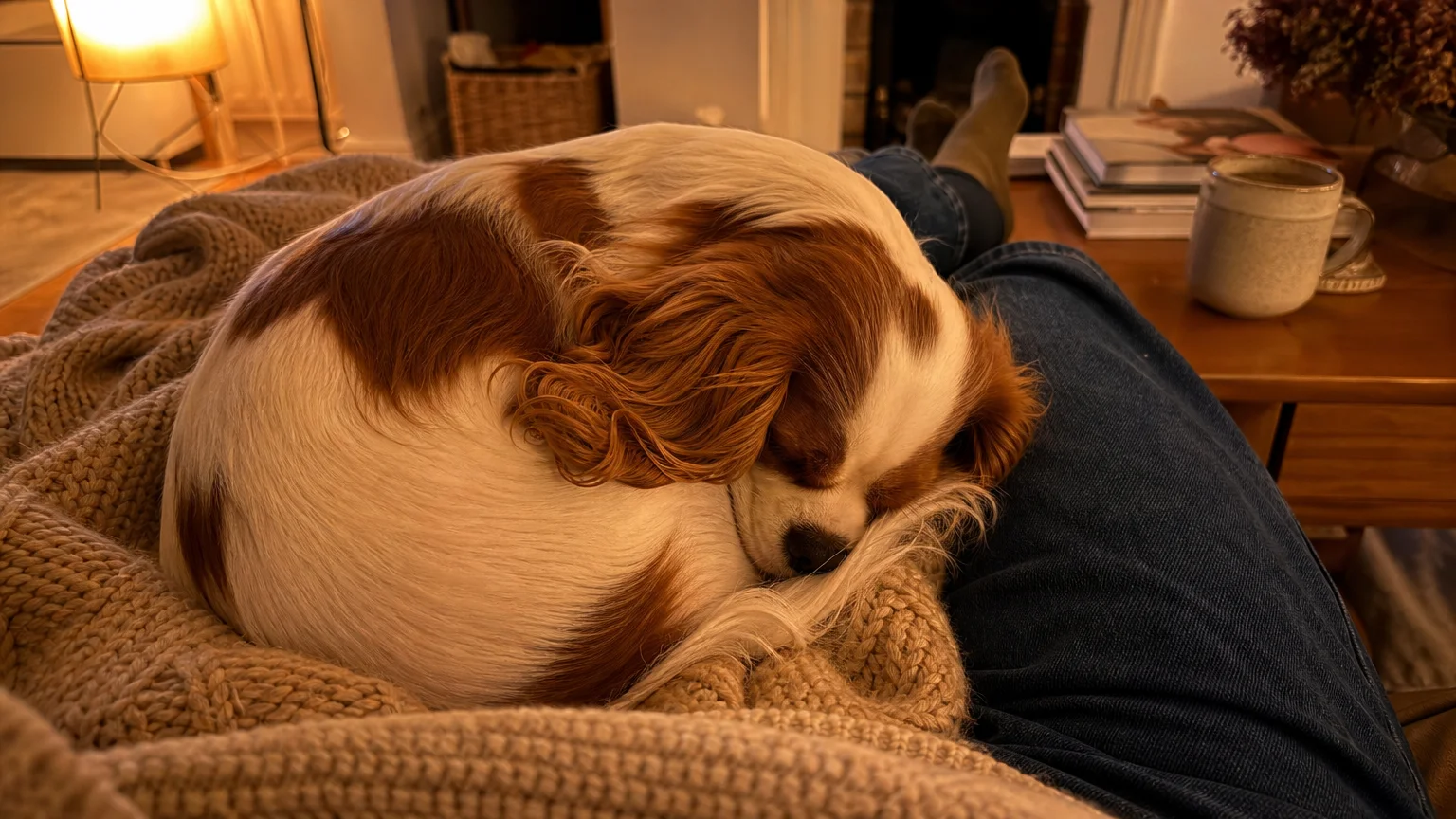A Cavalier King Charles Spaniel sleeping comfortably on a person's lap under a blanket.