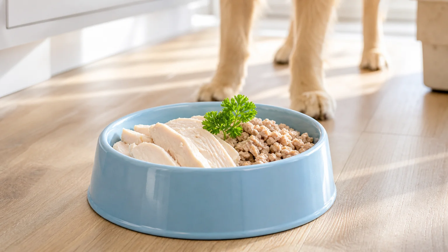 A ceramic dog bowl on a wooden kitchen floor filled with plain boiled chicken breast and lean ground turkey.