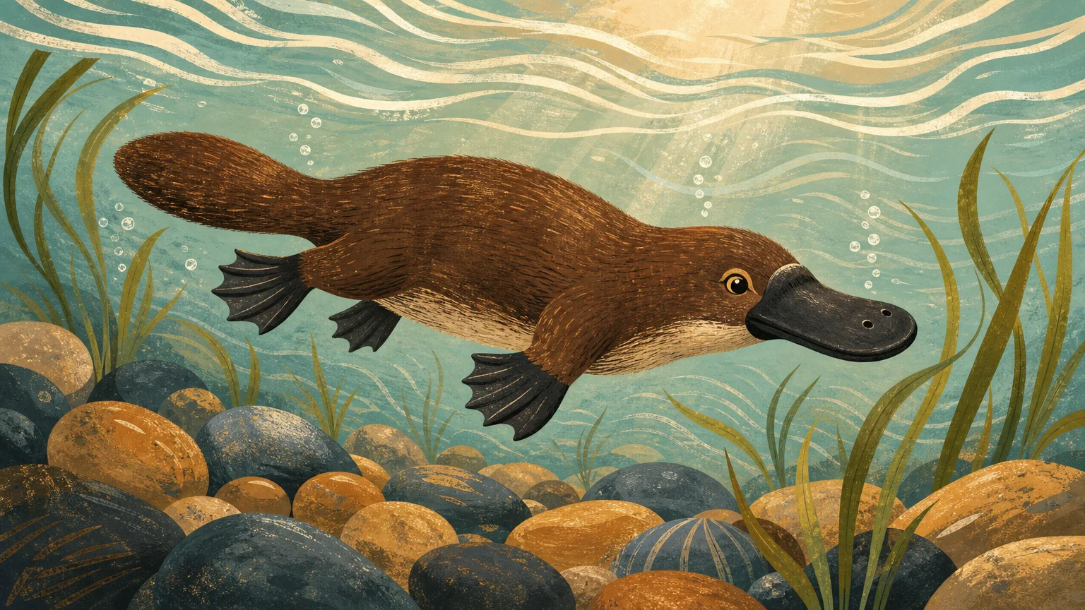 A charming gouache illustration of a brown platypus swimming through a stylized freshwater stream with river stones.