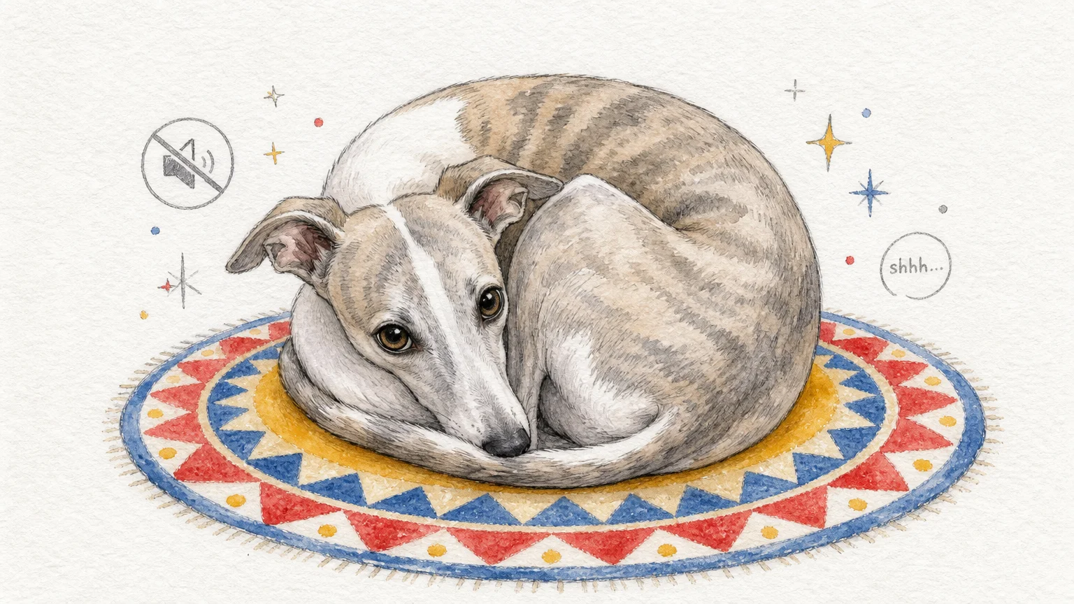 A charming watercolor of a Whippet curled into a tight circle on a colorful rug, appearing very small and quiet.