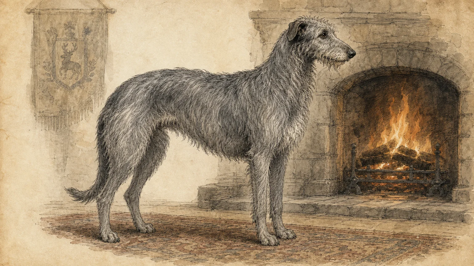 A classic watercolor and ink sketch of a Scottish Deerhound standing by a cozy fireplace.