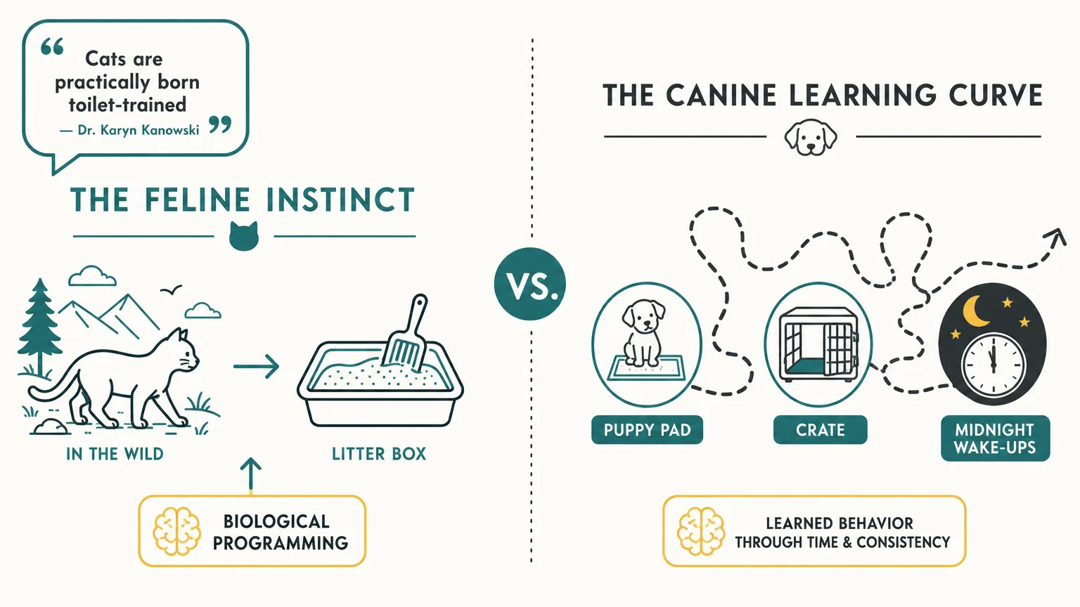 A clean infographic comparing the instinctive bathroom habits of cats to the intensive training required for dogs.