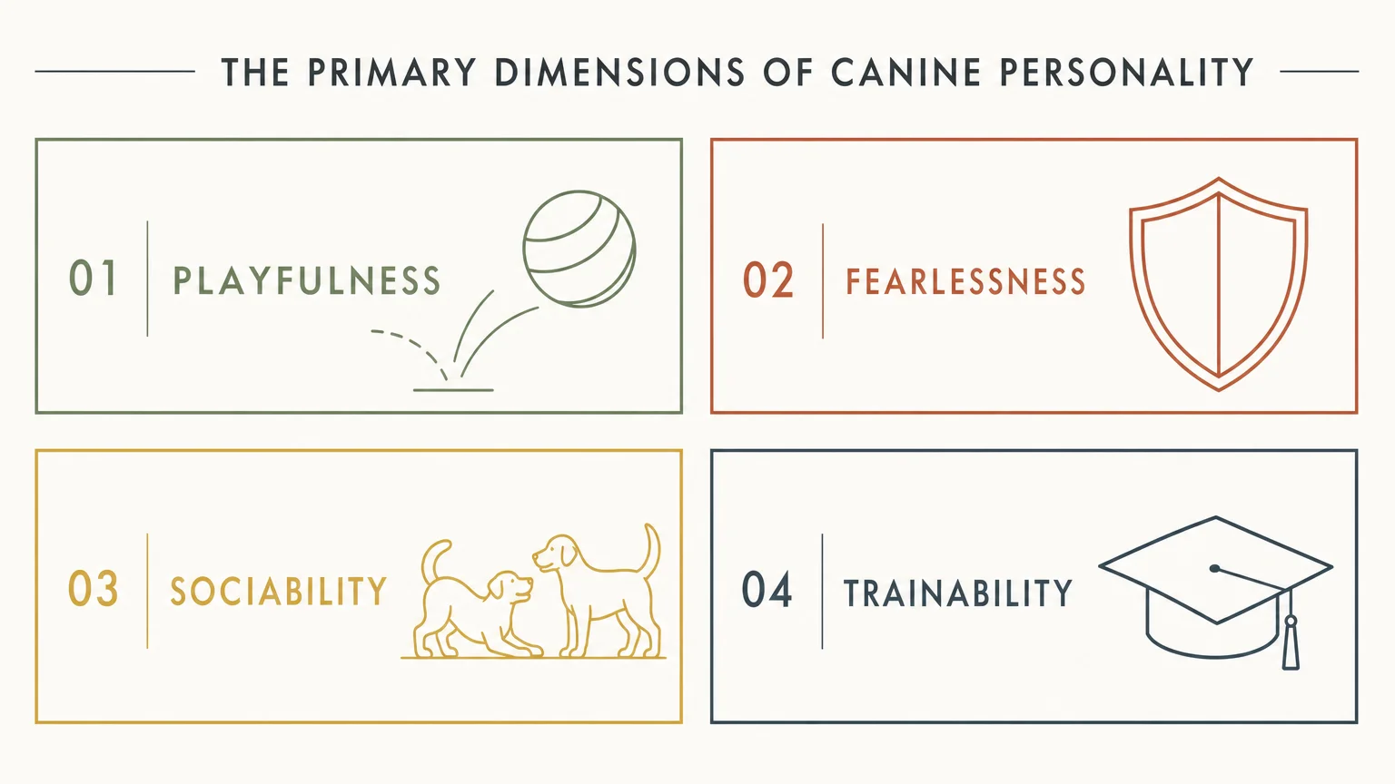 A clean, minimalist 4-quadrant diagram showing the core dimensions of dog personality: Playfulness, Fearlessness, Sociability, and Trainabil