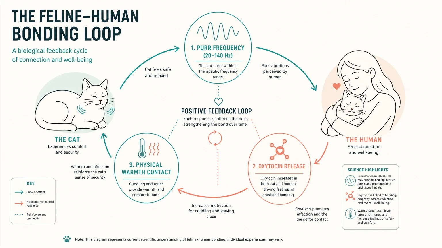 A clean, modern infographic diagram mapping the biological feedback loops, including purr frequency and oxytocin, between cats and humans.