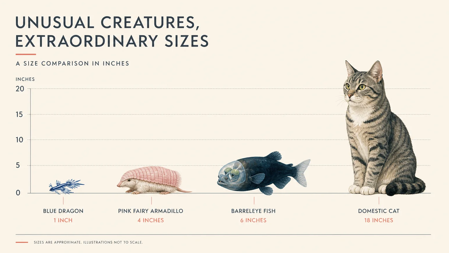 A clean size comparison infographic showing a 1-inch blue dragon, 4-inch pink fairy armadillo, 6-inch barreleye, and an 18-inch cat.